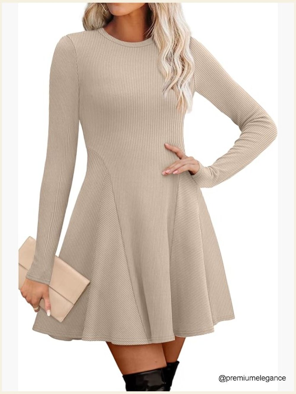 Long Sleeve Crew Neck Ribbed Knit Fit and Flare A-Line Sweater Dress